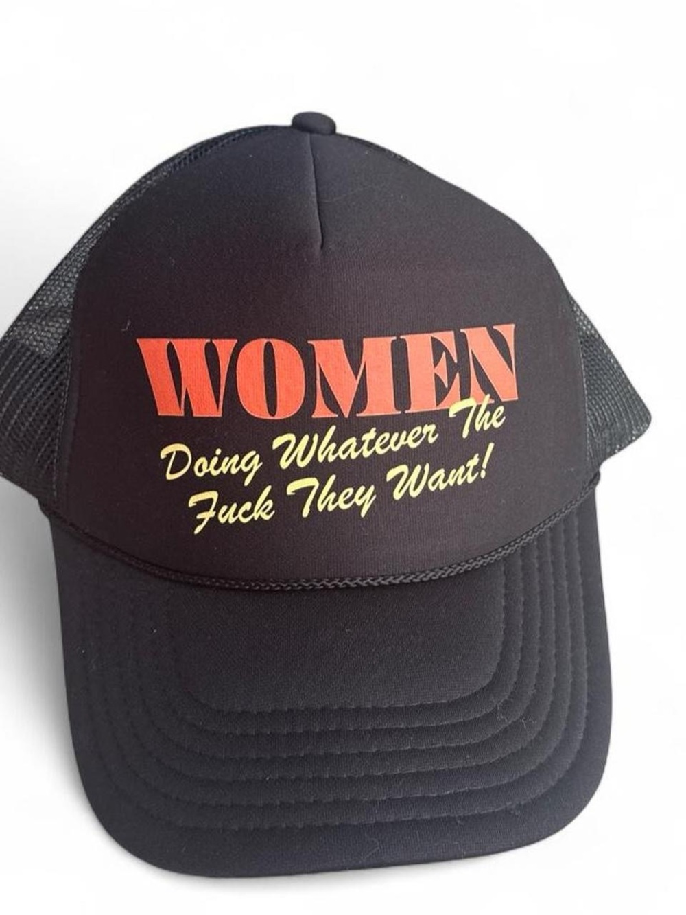 OTTO Women Trucker Hat - Black with Red & Yellow Script